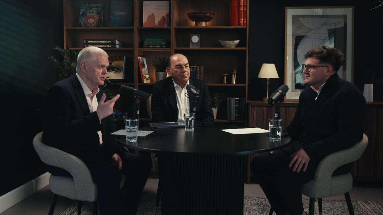 Three finance leaders around a table recording the Model ML podcast